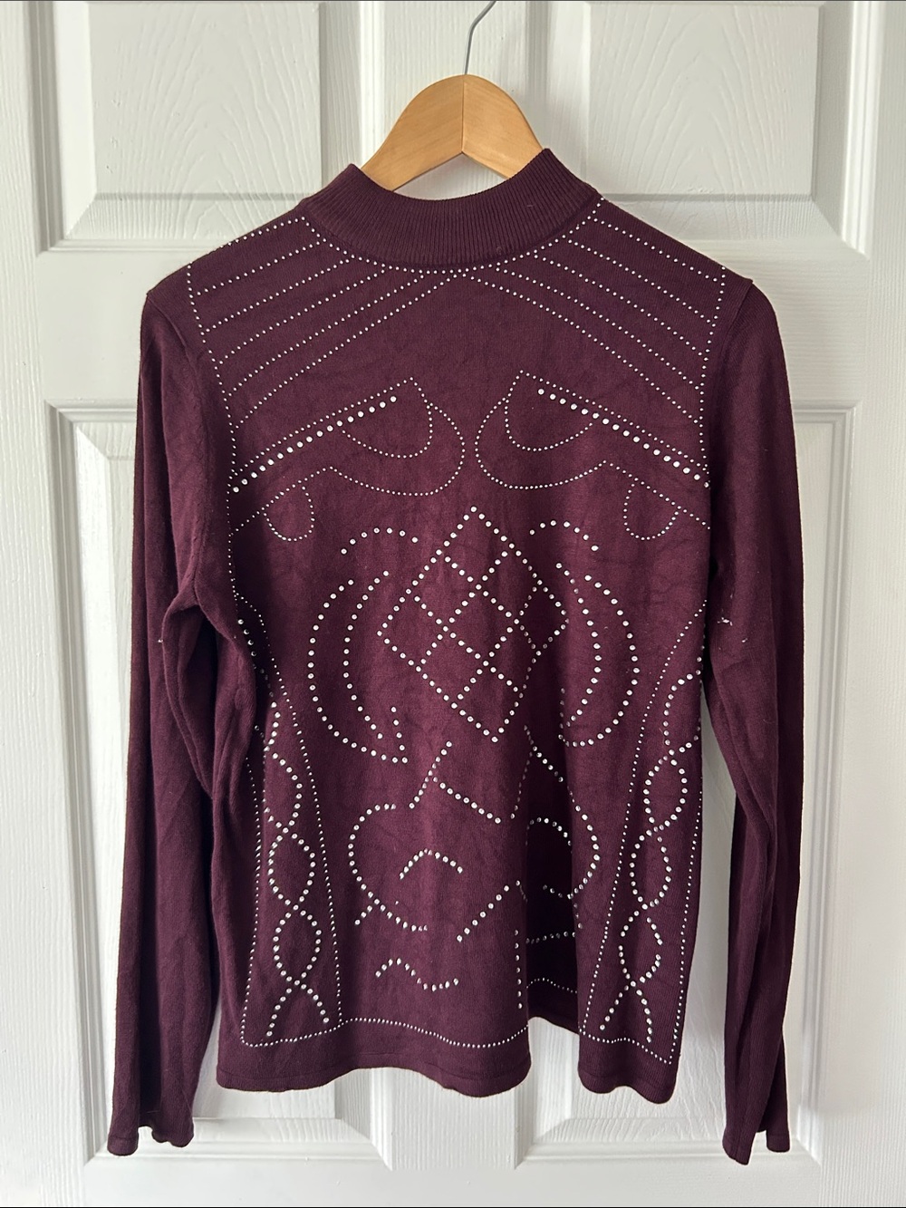 Women's Burgundy Stud-Embellished Mock Neck Long Sleeve Top